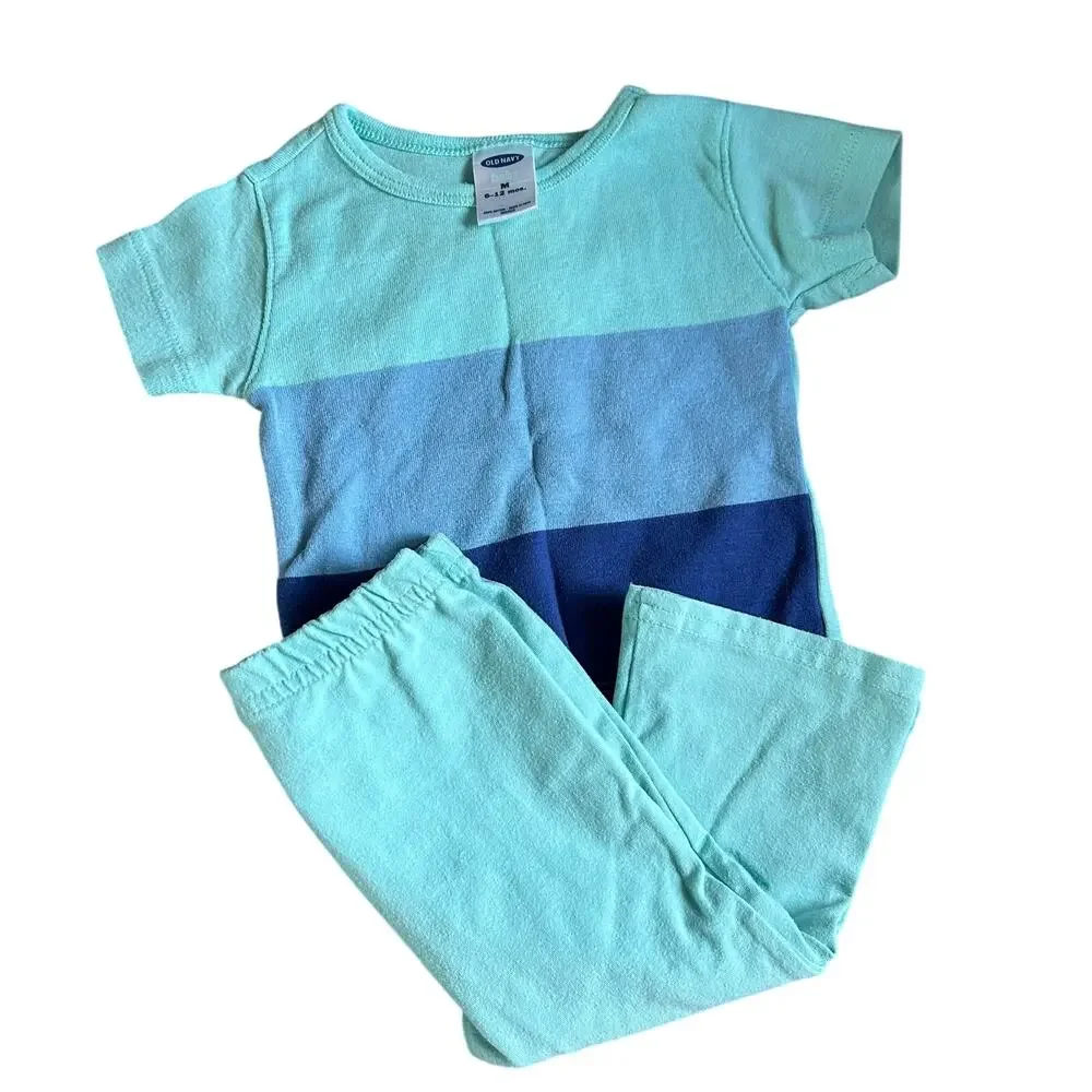 Old Navy Vtg Girls Size 6-12 Months Blue Striped Short Sleeve Top & Flare Pants